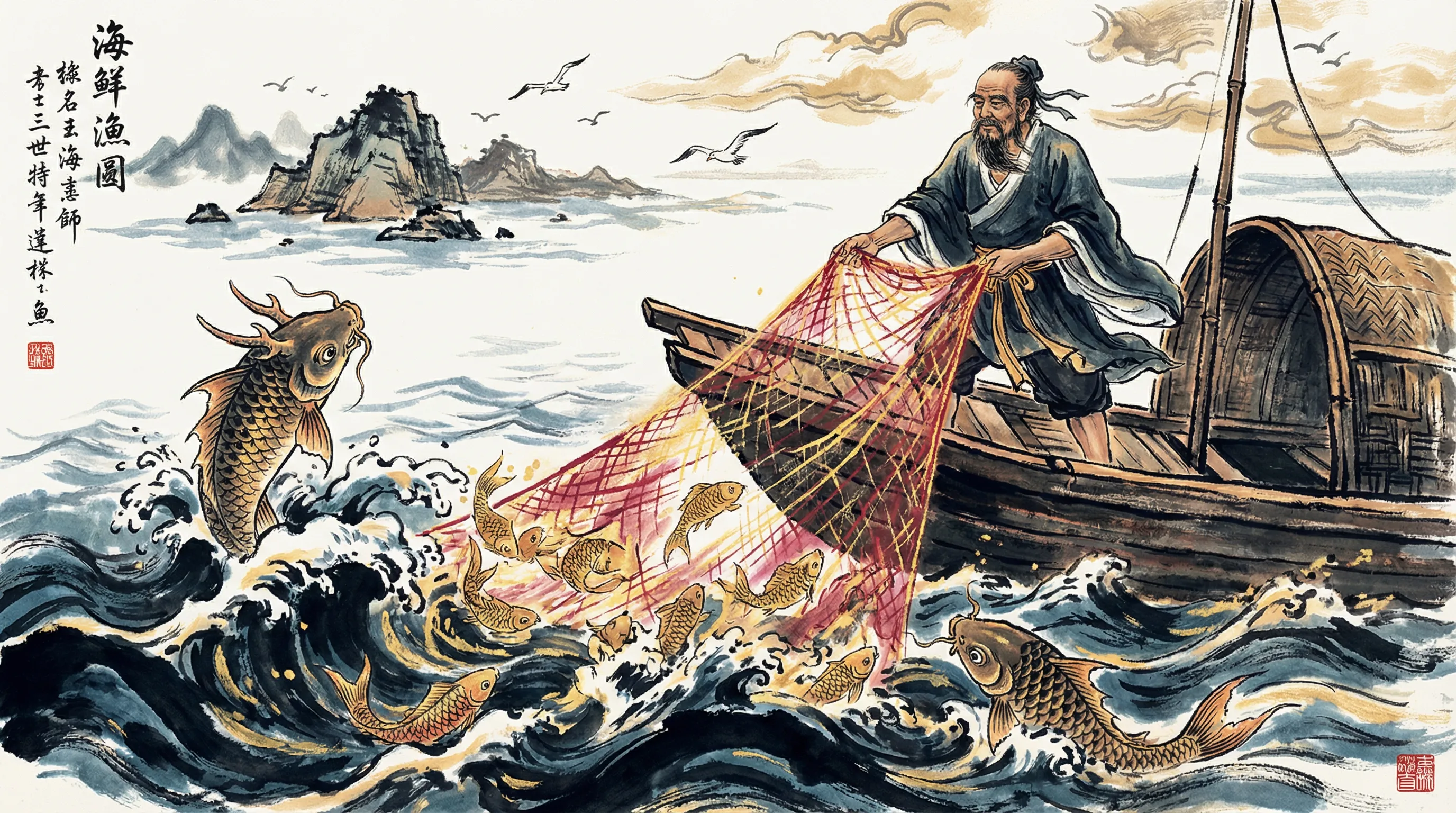 东海渔夫在波涛汹涌的大海中捕获金鱼